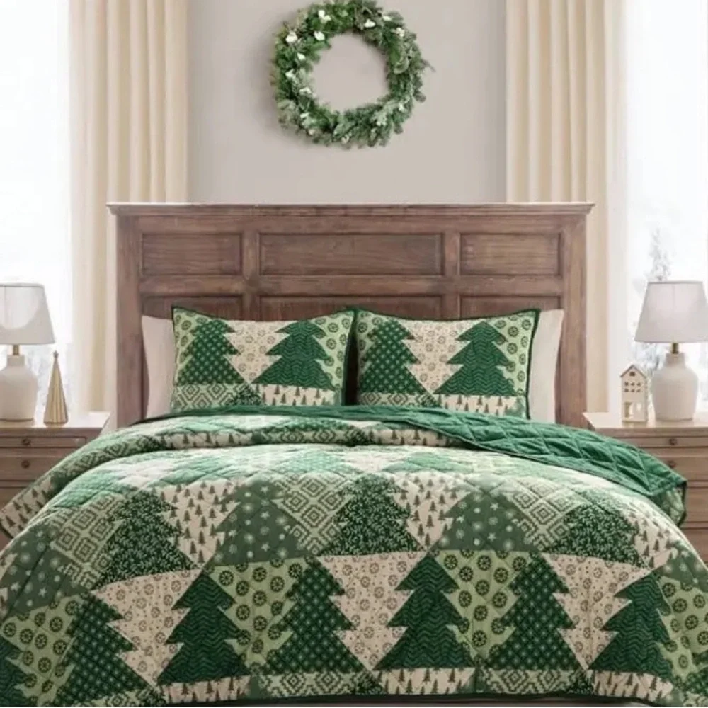 HALLMARK NWT patchwork trees 3pc quilt set -full/queen -green
